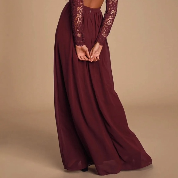 Lulus | Awaken My Love Burgundy Long Sleeved Lace Maxi Dress - Picture 1 of 3